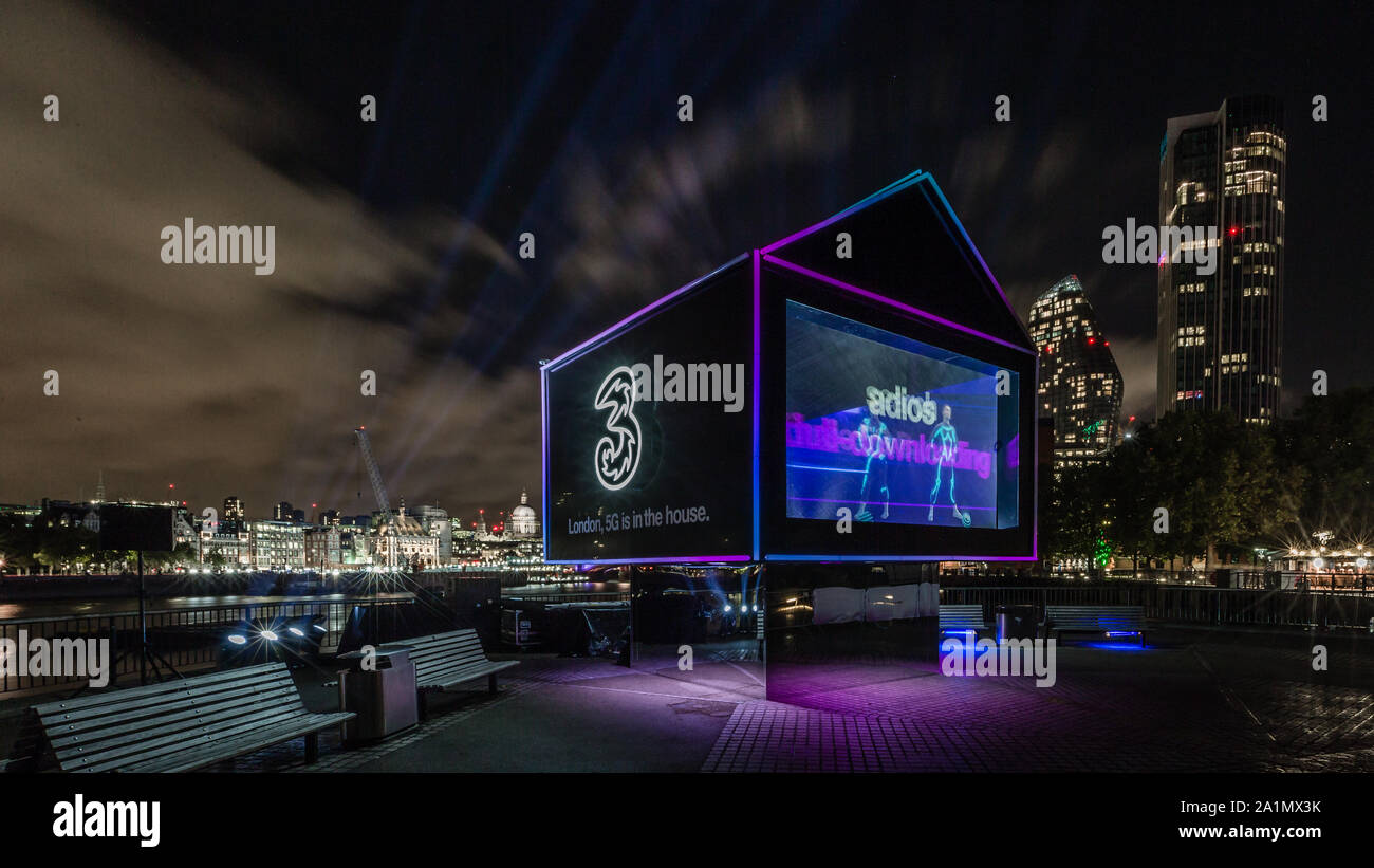 London, England, September 27, 2019. Three UK brings 5G holographic ad to London’s South Bank Stock Photo