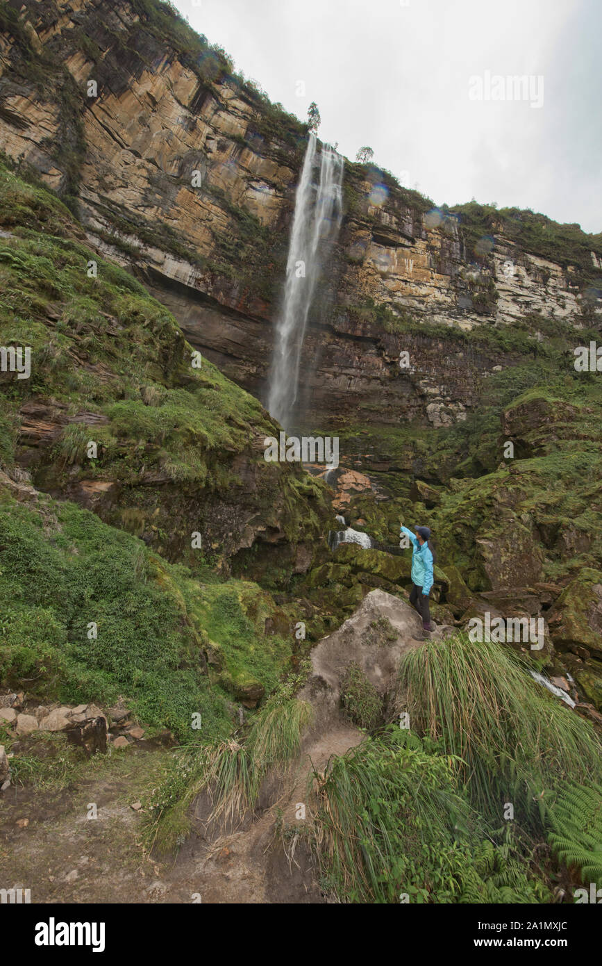The upper falls at the Gocta Cataracts in the cloudforest of ...