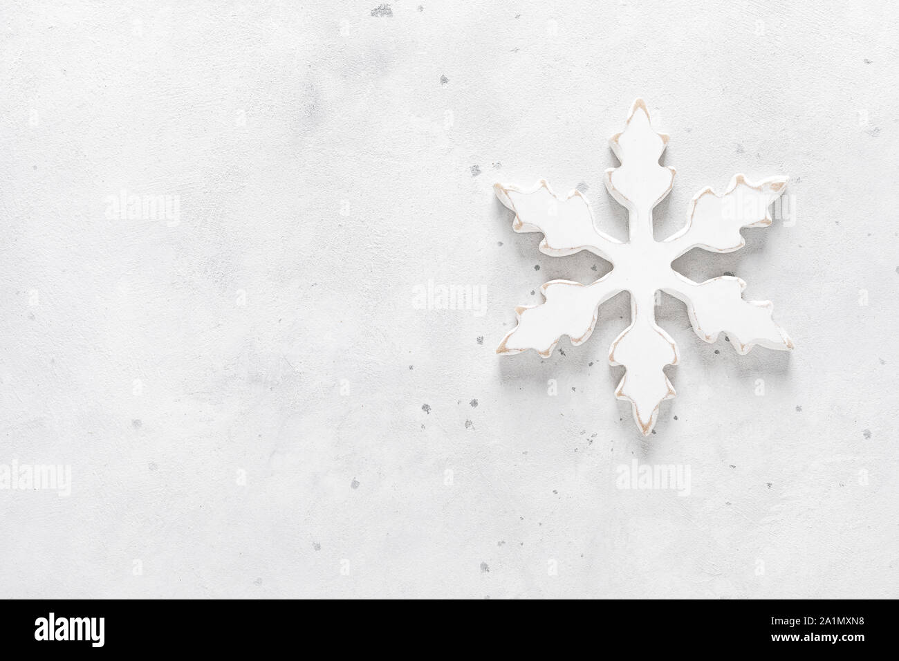 Christmas, New Year or Noel holiday decorations, snowflake on white background, flat lay composition, greeting Xmas card, top view Stock Photo
