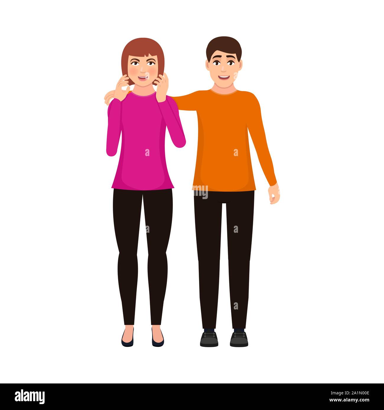 Happy guy hugged a girl, a young girl blushed with embarrassment vector Illustration on a white background Stock Vector
