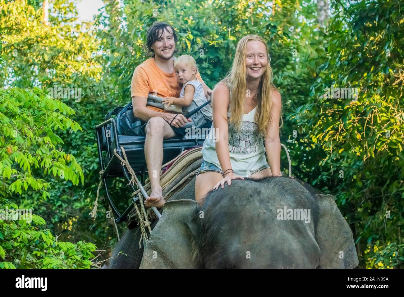 Happy family riding on an elephant, woman sitting on the elephant's