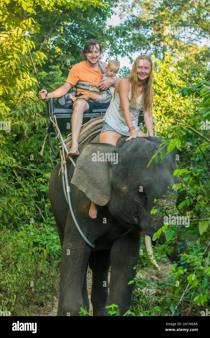Happy family riding on an elephant, woman sitting on the elephant's