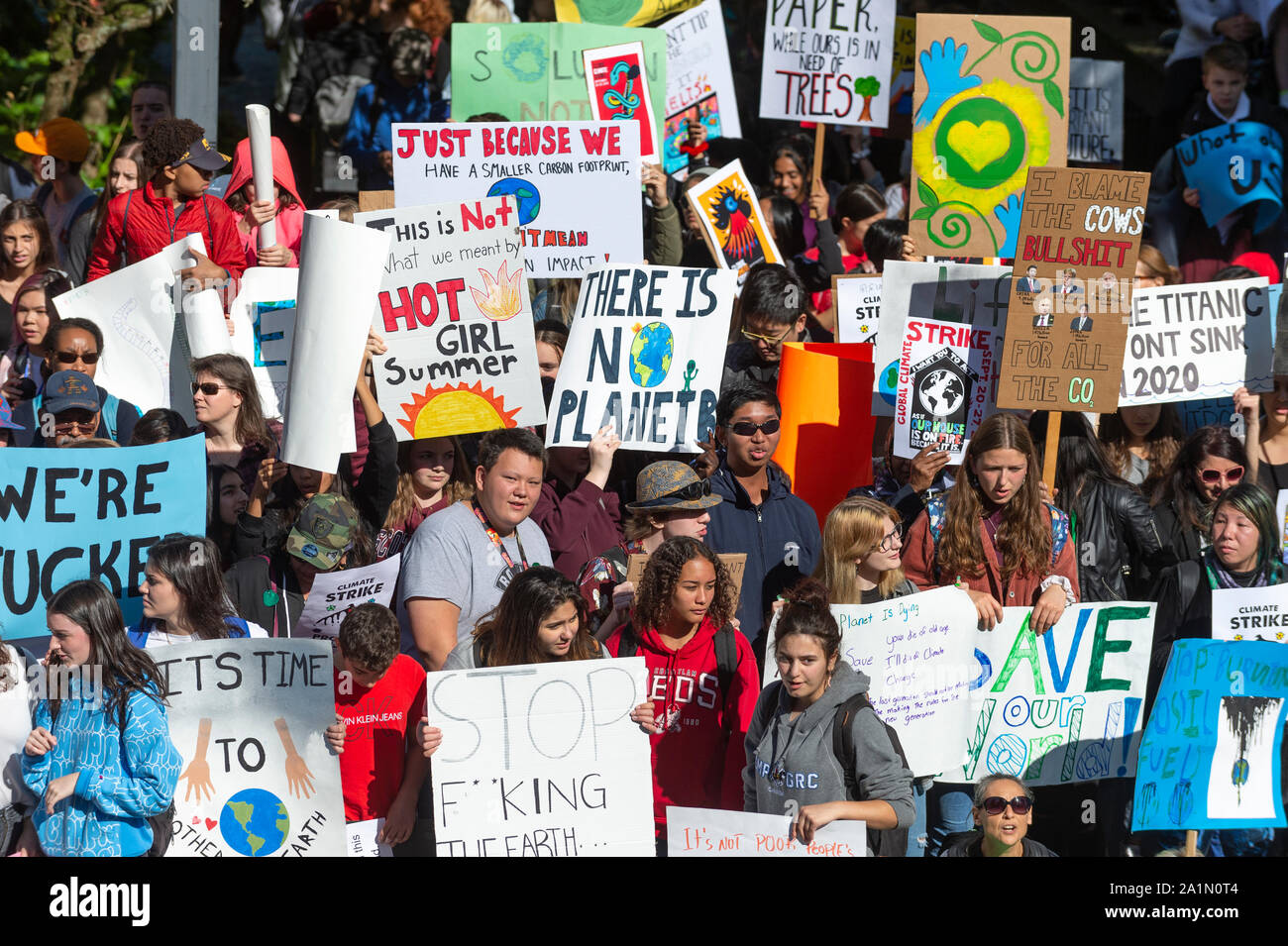 Vancouver, Canada. 27, September 2019. Placards being held by protesters. Climate Strike Protest. Vancouver, British Columbia, Canada. Gerry Rousseau/Alamy Live News Stock Photo