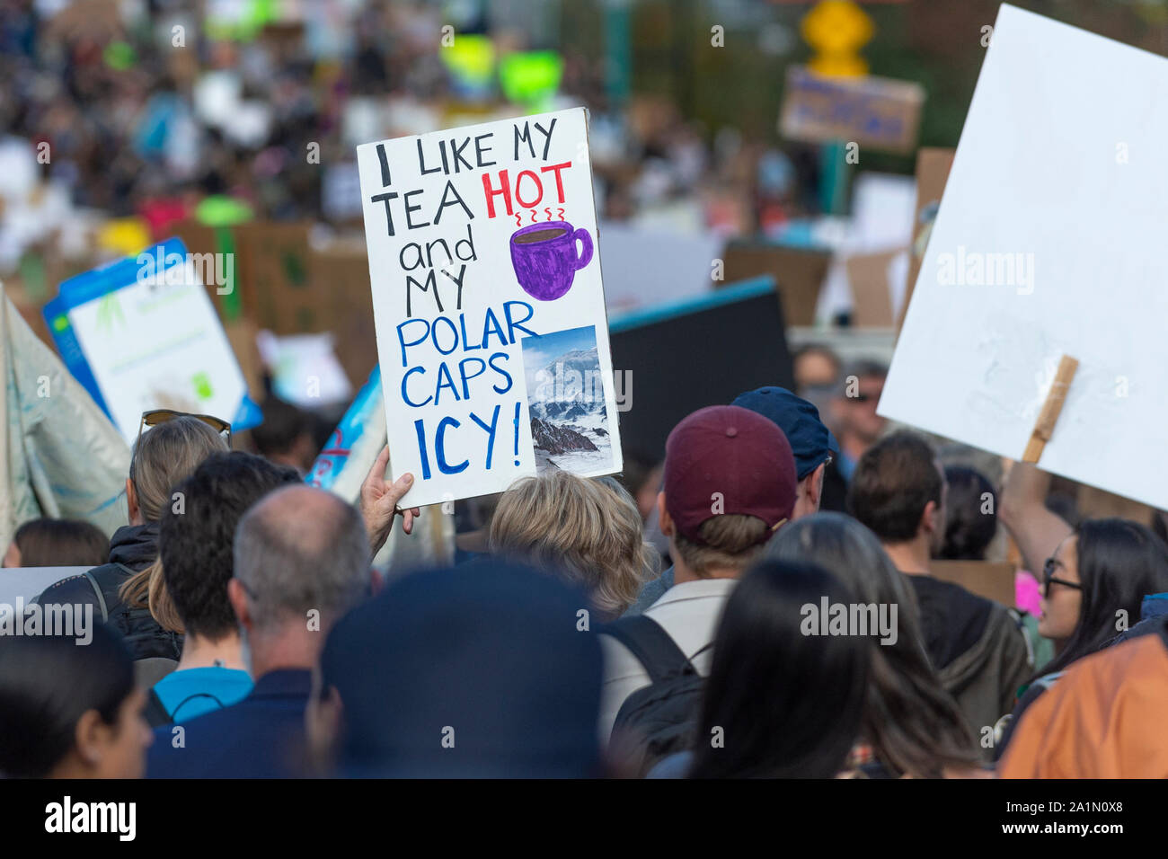 Vancouver, Canada. 27, September 2019. Protesters moving across the Cambie Street Bridge,  towards the centre of downtown Vancouver. Climate Strike March. Vancouver, British Columbia, Canada. Gerry Rousseau/Alamy Live News Stock Photo