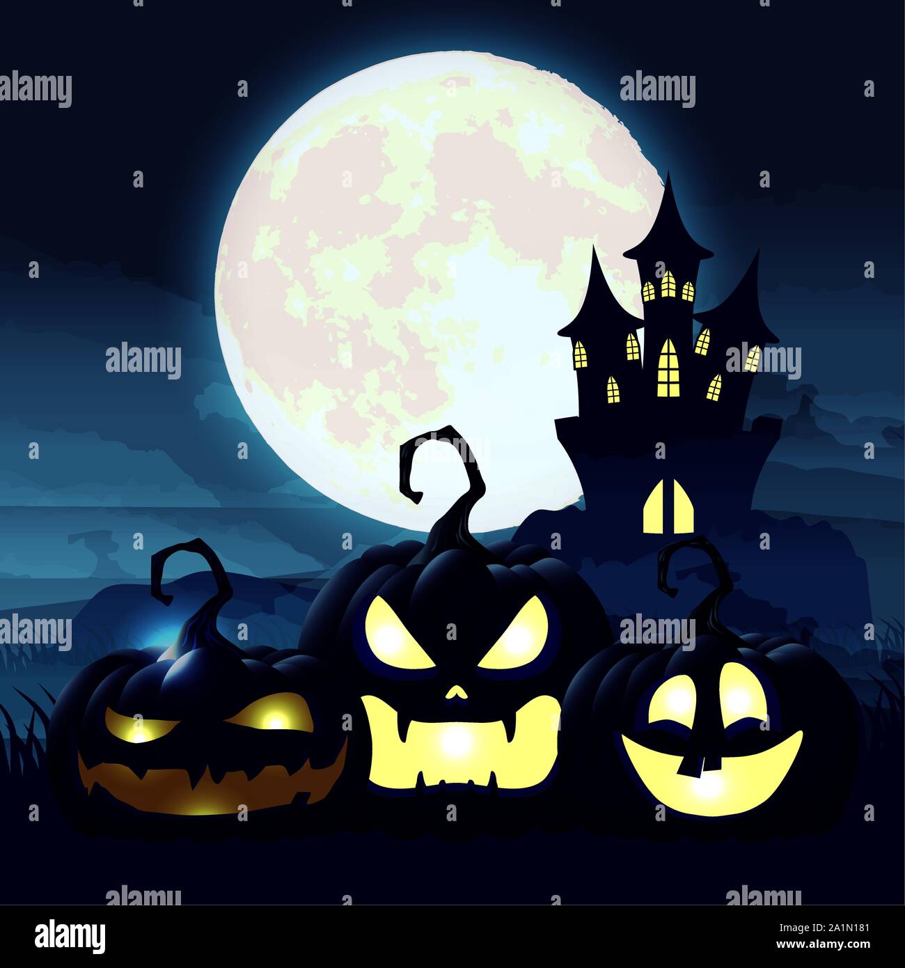 halloween dark night scene with pumpkins and castle Stock Vector Image ...