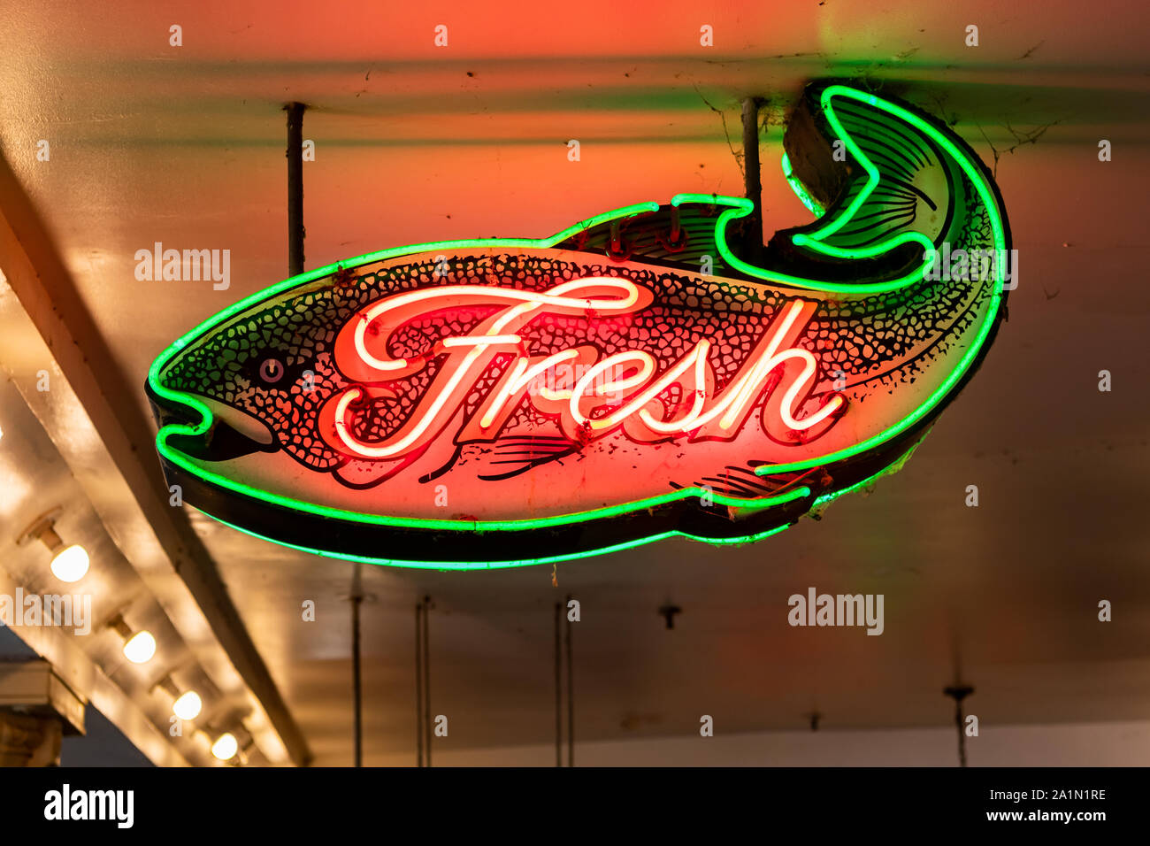 Seattle, United States: October 5, 2018: Fresh Fish Neon Sign Stock Photo