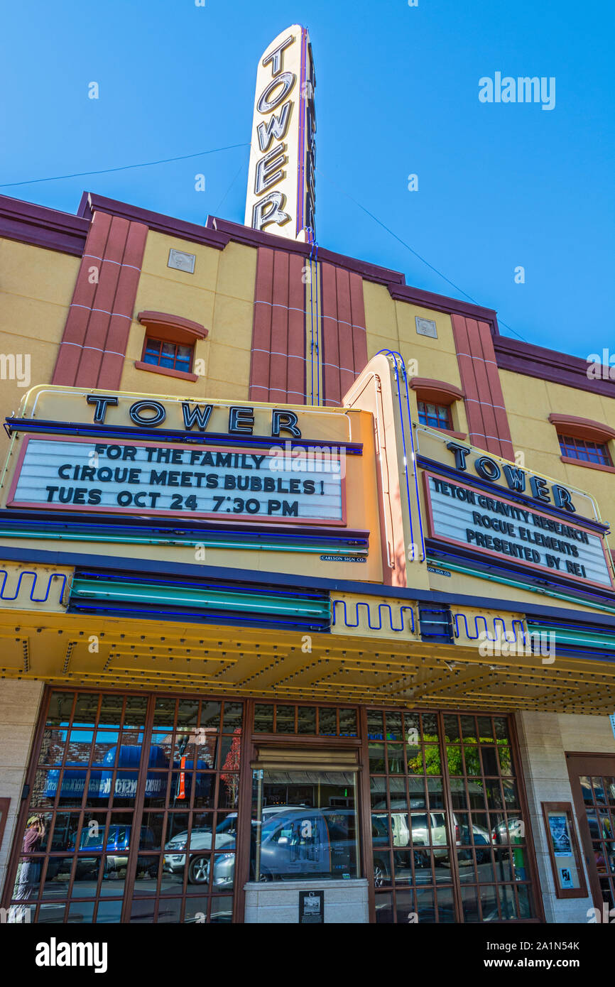 Oregon, Bend, Downtown, Wall Street, Tower Theater built 1940 Stock