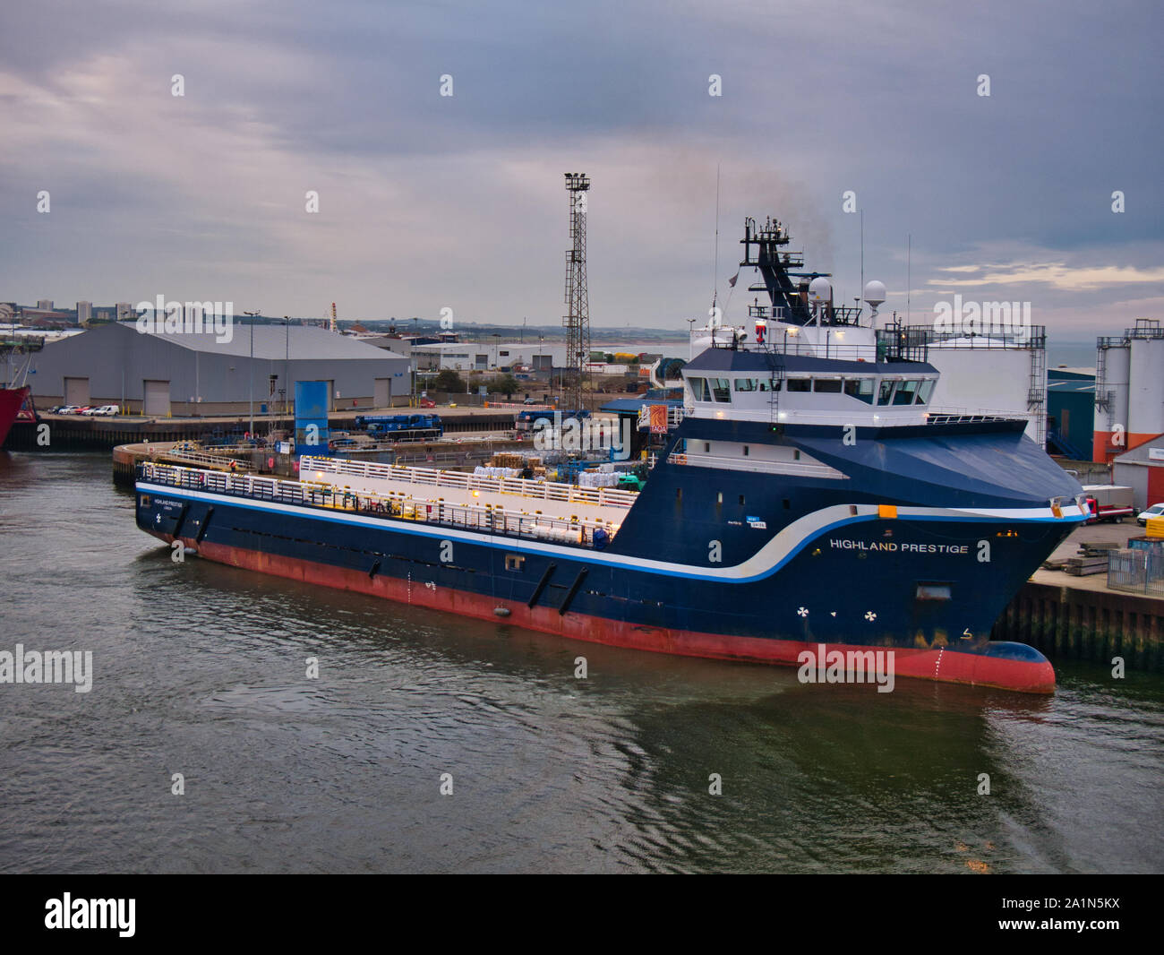 Highland Prestige berthed in the port of Aberdeen, Scotland, UK - this ship is an Offshore Tug / Supply Ship built in 2007. Stock Photo