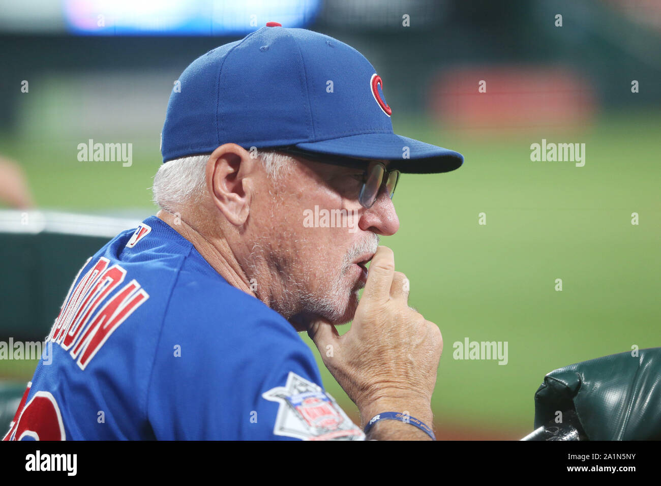 St. Louis, United States. 27th Sep, 2019. Chicago Cubs manager Joe Maddon  checks his lineup card during a game against the St. Louis Cardinals at  Busch Stadium in St. Louis on Friday