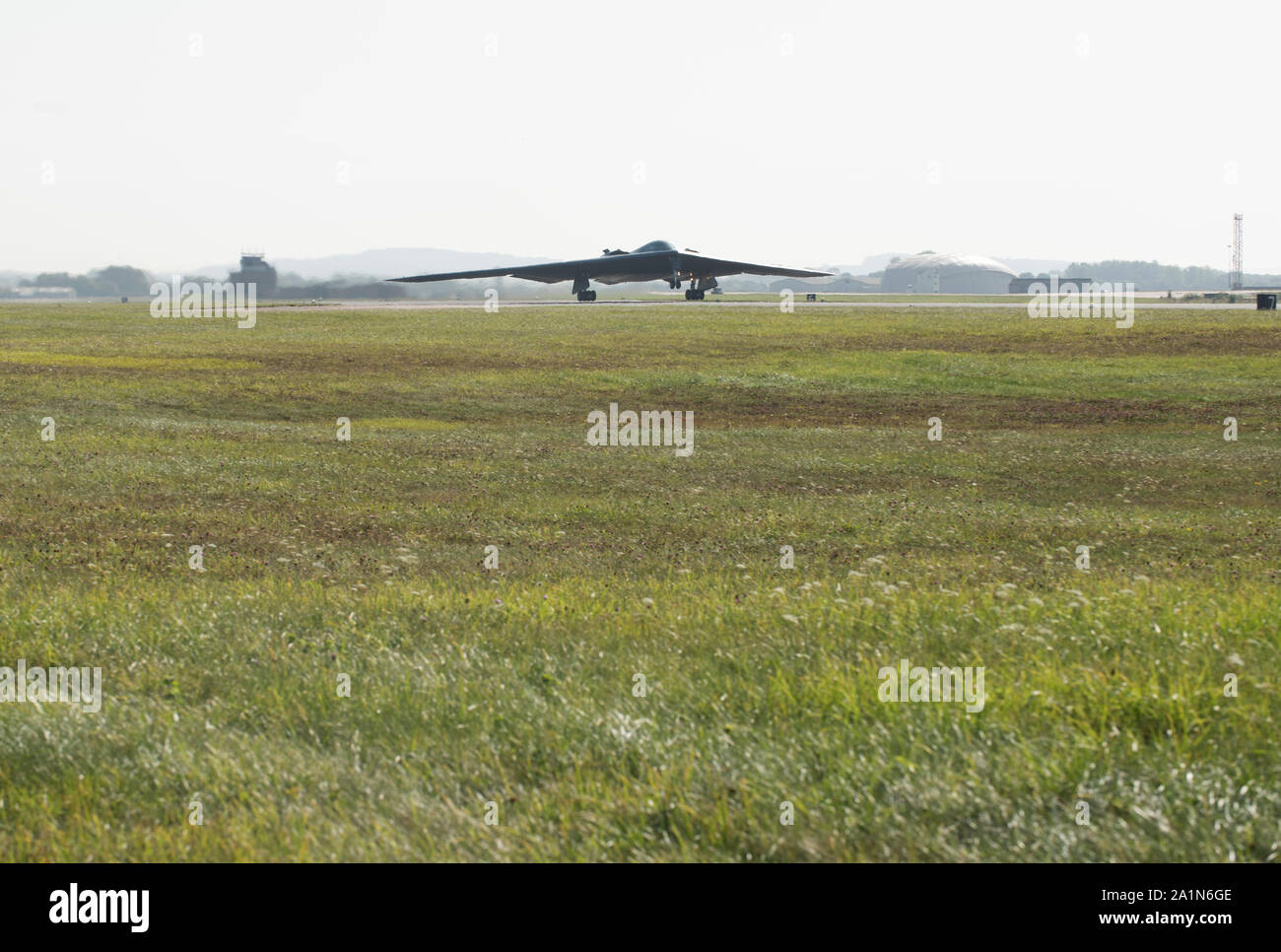 A B-2 Spirit lifts off of a runway on Sept. 19, 2019, at Royal Air Force Fairford, England. Three B-2's deployed to RAF Fairford as part of Bomber Task Force Europe, which challenged the stealth aircraft, as well as Airmen and support equipment from Whiteman Air Force Base, Missouri, to confuct integration and flying operations at forward locations across Europe. (U.S. Air Force photo by Staff Sgt. Kayla White) Stock Photo