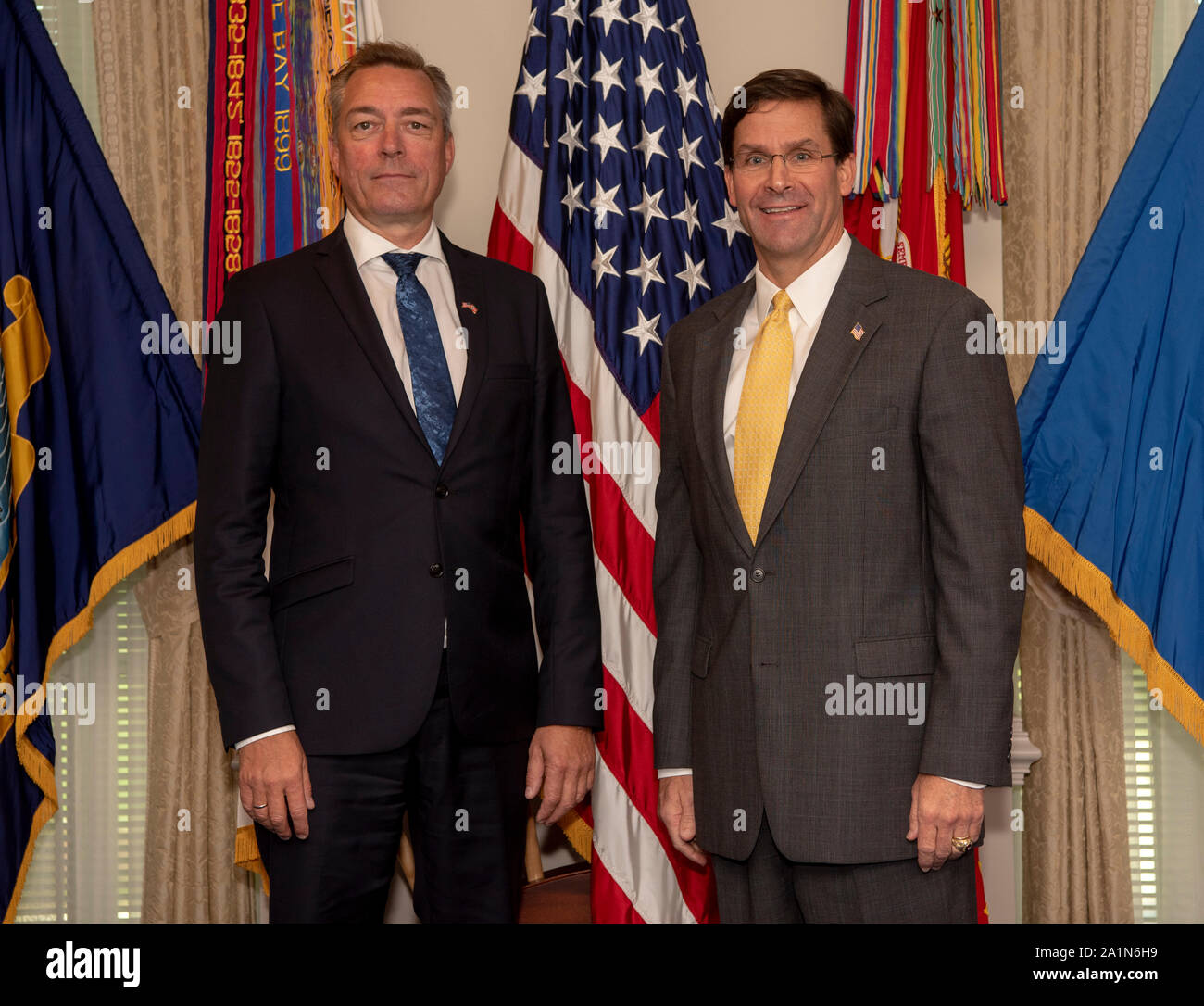U.S. Secretary of Defense Dr. Mark T. Esper hosts Norwegian Defense Minister Frank Bakke-Jensen at the Pentagon, Sept. 27, 2019. (DoD photo by Army Staff Sgt. Vanessa Atchley) Stock Photo