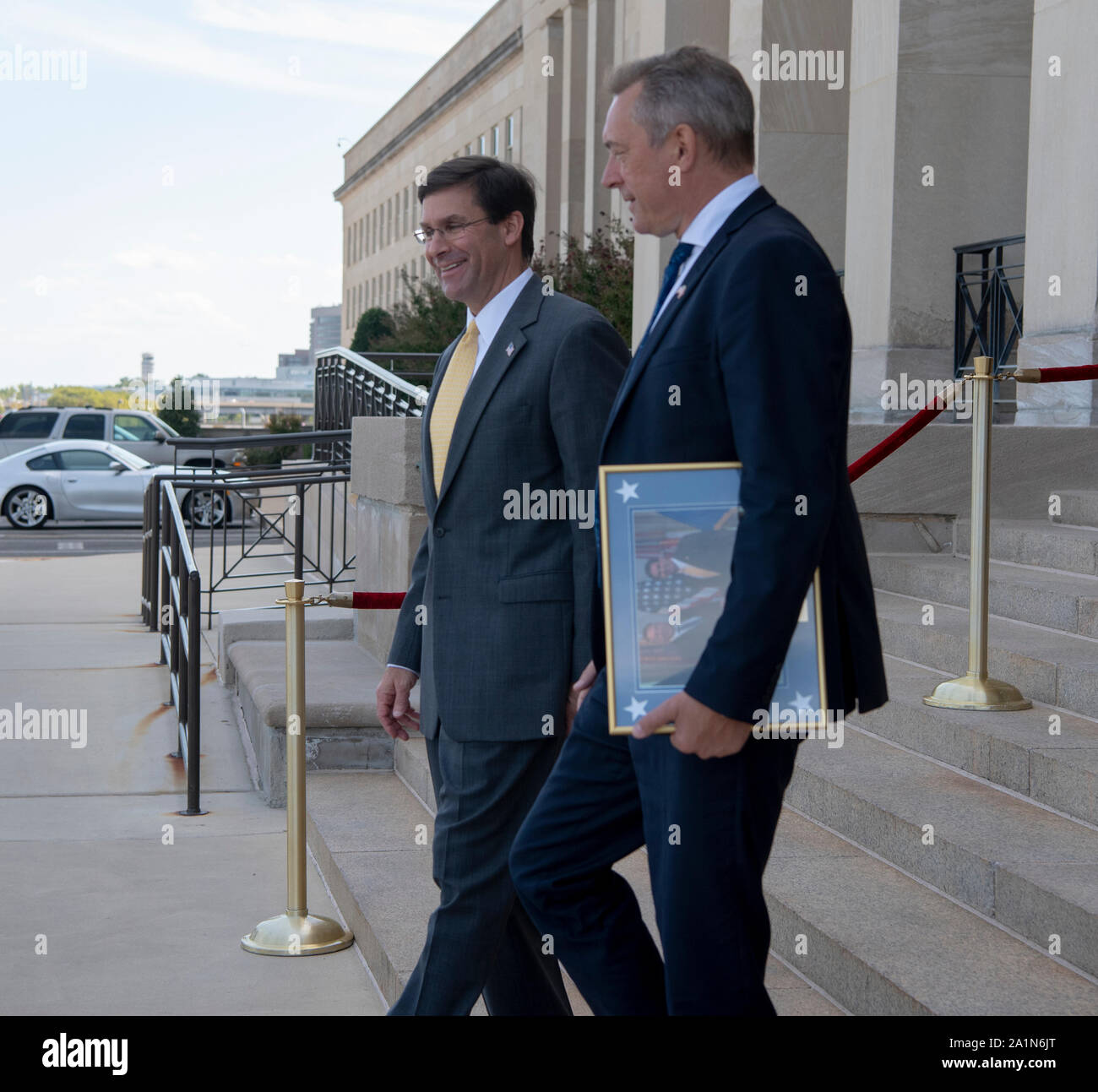 U.S. Secretary of Defense Dr. Mark T. Esper escorts Norwegian Defense Minister Frank Bakke-Jensen to his car after talks at the Pentagon, Sept. 27, 2019. (DoD photo by Army Staff Sgt. Vanessa Atchley) Stock Photo