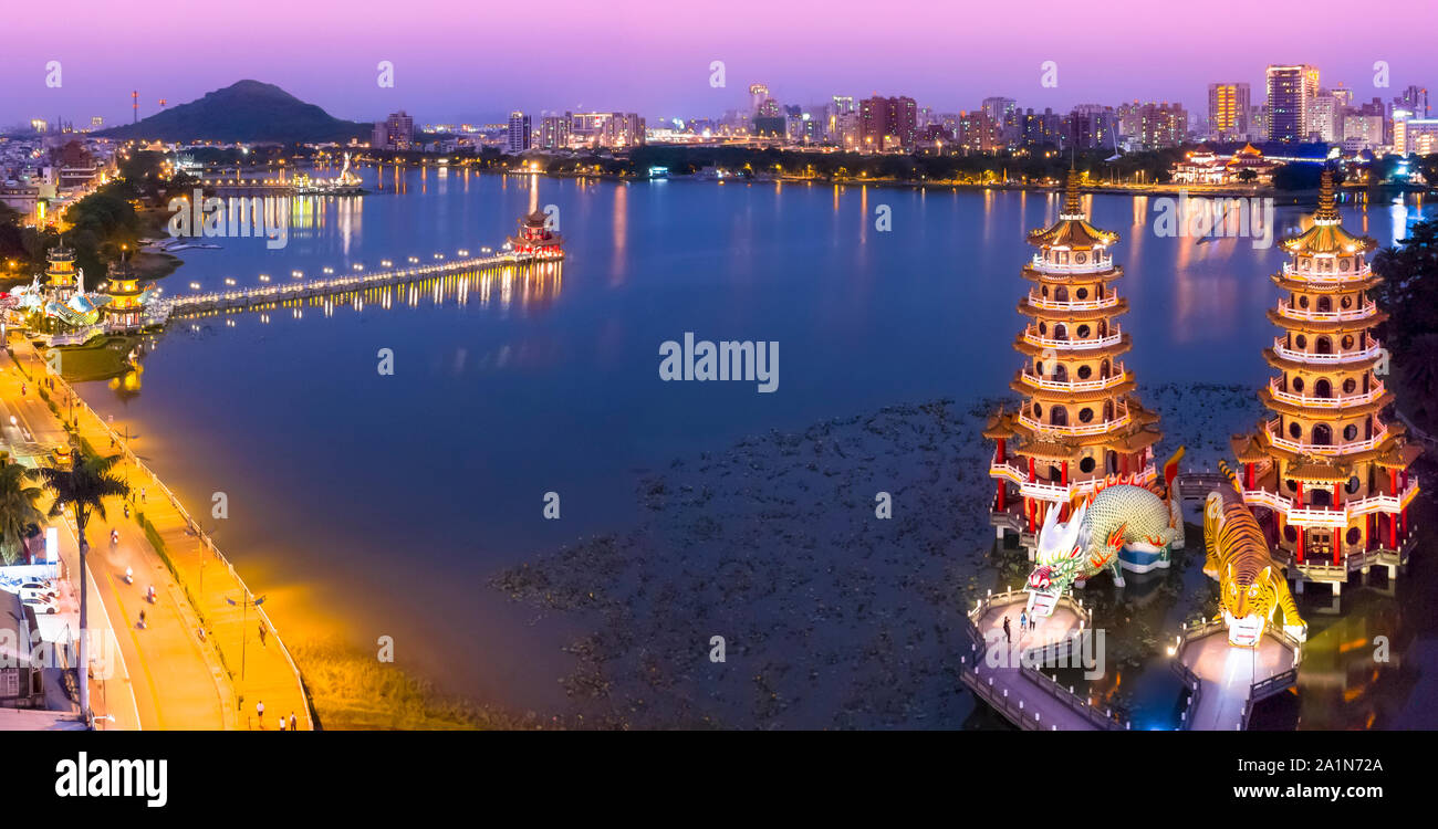 Aerial view Lotus Pond's Dragon and Tiger Pagodas at night. kaohsiung city. Taiwan Stock Photo