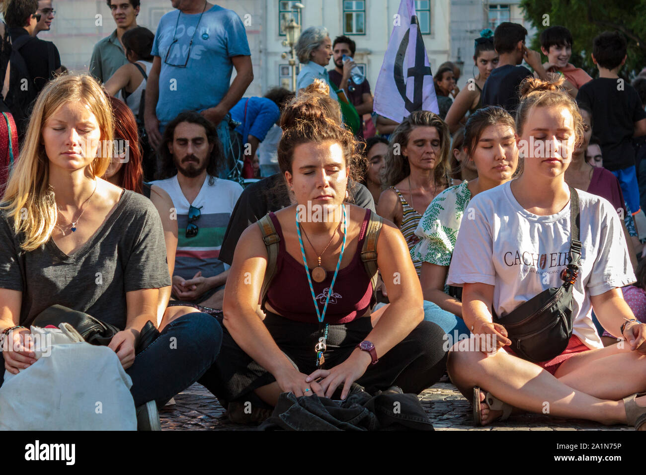 Lisbon, Portugal- 27 September 2019: People meditating for climate change Stock Photo