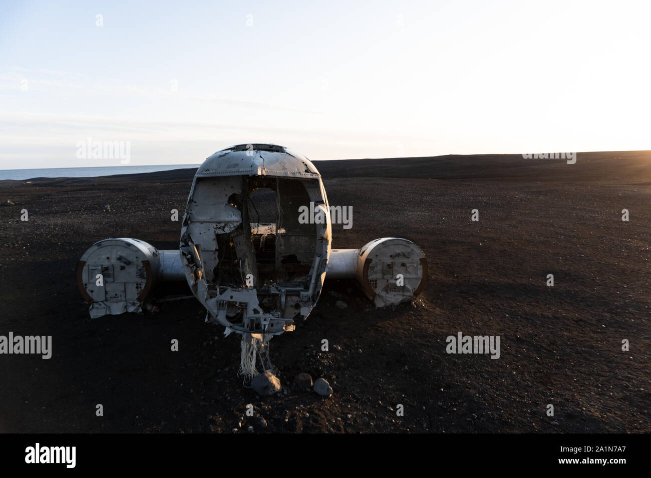 Airplane in the black desert of iceland Stock Photo