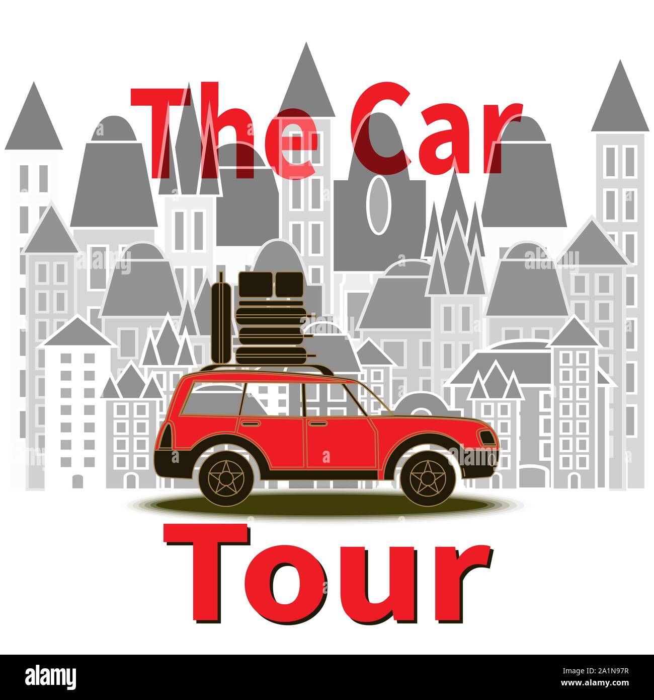 Red car with luggage on top. Red Text - The Car Tour. Traveling car ...