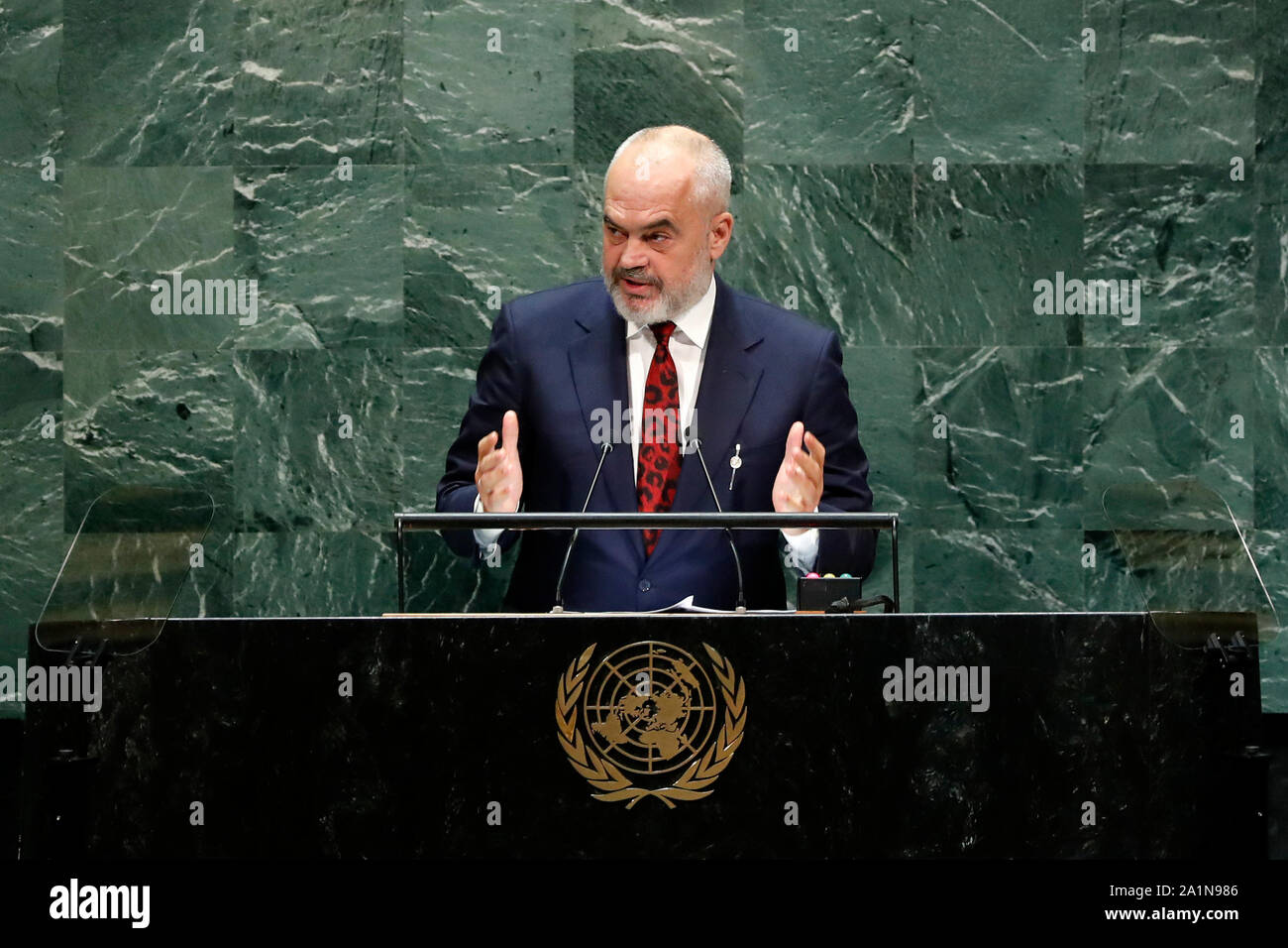 United Nations. 27th Sep, 2019. Albanian Prime Minister Edi Rama addresses the General Debate of the 74th session of the UN General Assembly at the UN headquarters in New York, Sept. 27, 2019. Credit: Li Muzi/Xinhua/Alamy Live News Stock Photo