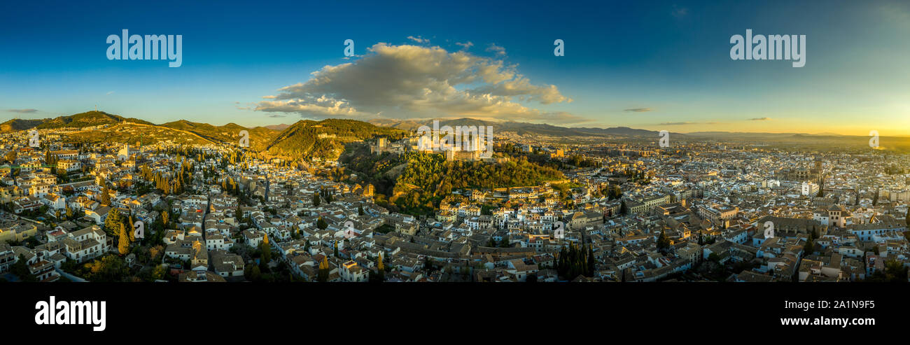 Aerial panoramic view of the Alhambra complex in Granada Spain with ...