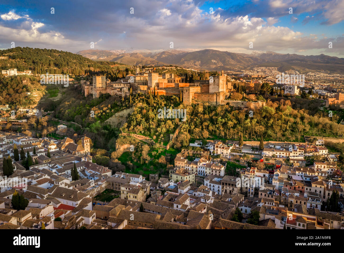 Aerial panoramic view of the Alhambra complex in Granada Spain with ...