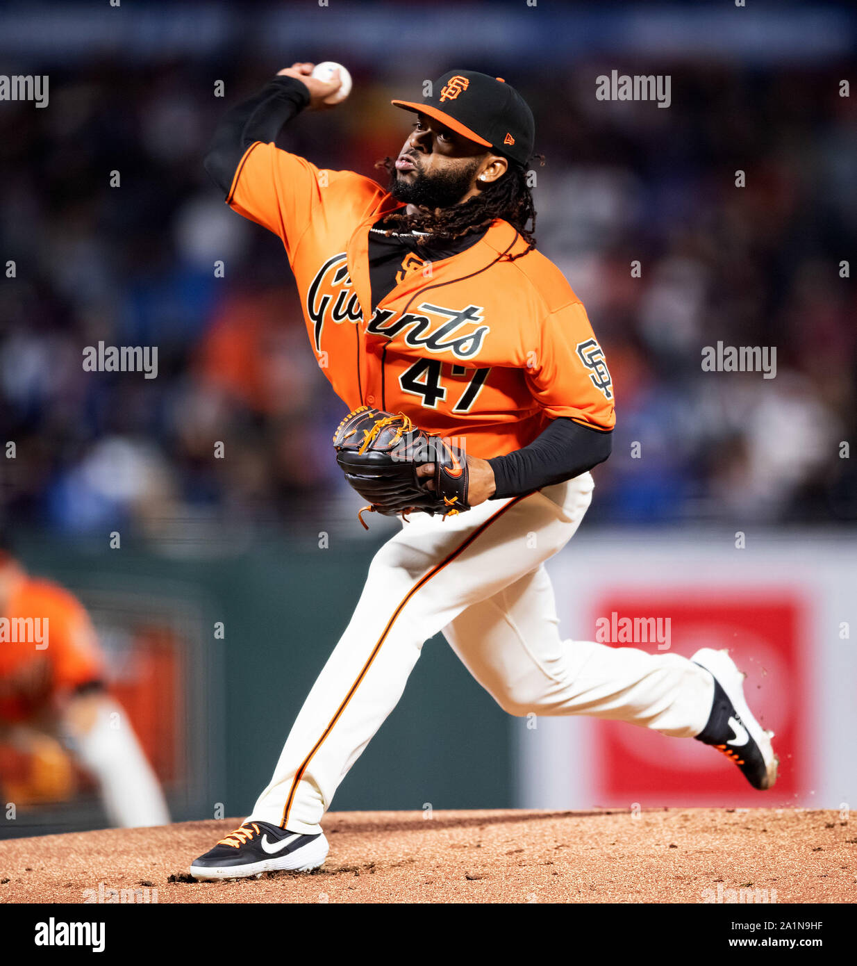 San Francisco, California, USA. 27th Sep, 2019. In his second start after Tommy John surgery, San Francisco Giants starting pitcher Johnny Cueto (47) throws in the first inning, during a MLB game between the Los Angeles Dodgers and the San Francisco Giants at Oracle Park in San Francisco, California. Valerie Shoaps/CSM/Alamy Live News Stock Photo