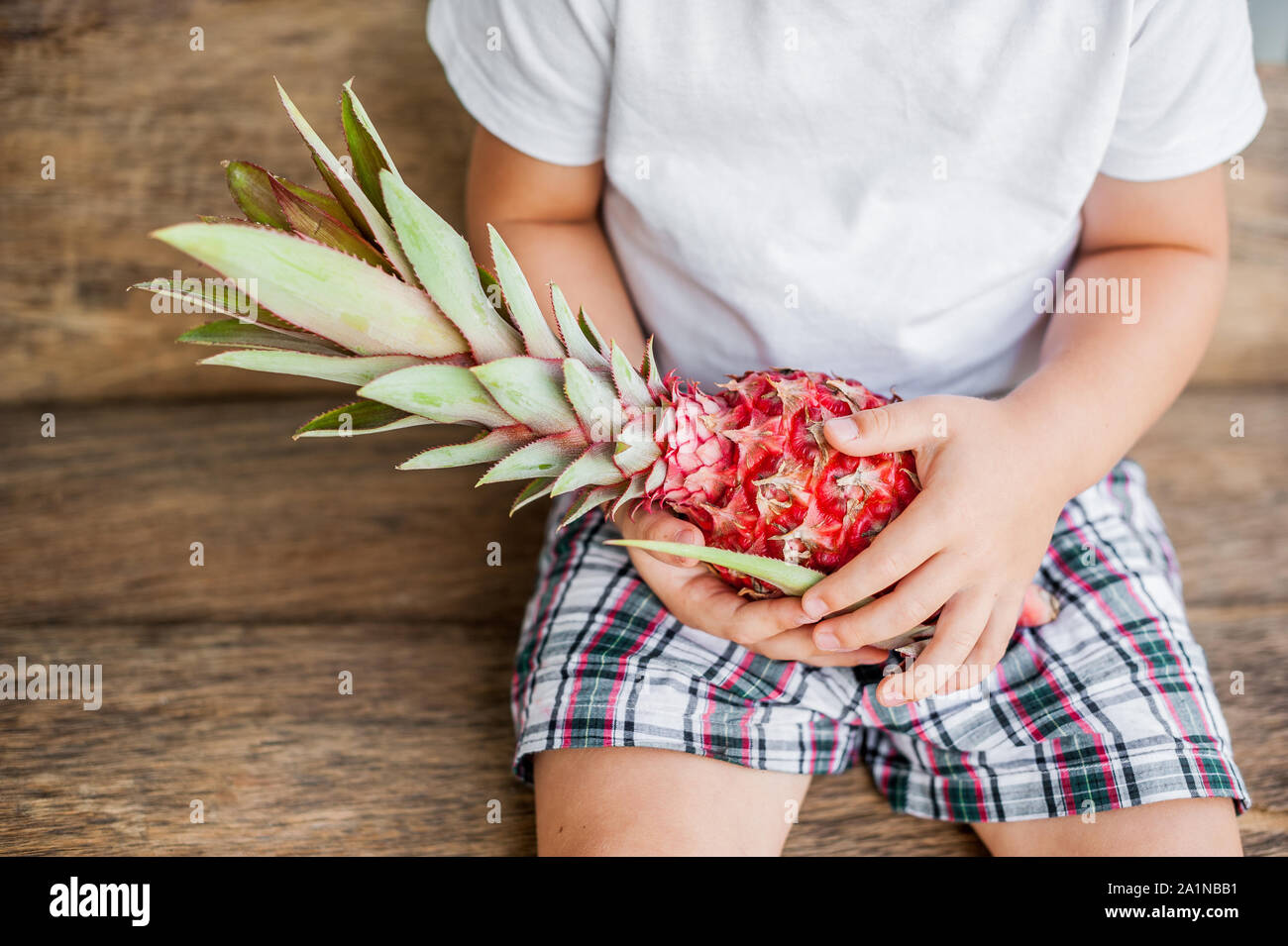 organic pink pineapple in hands on the old wooden background Stock Photo