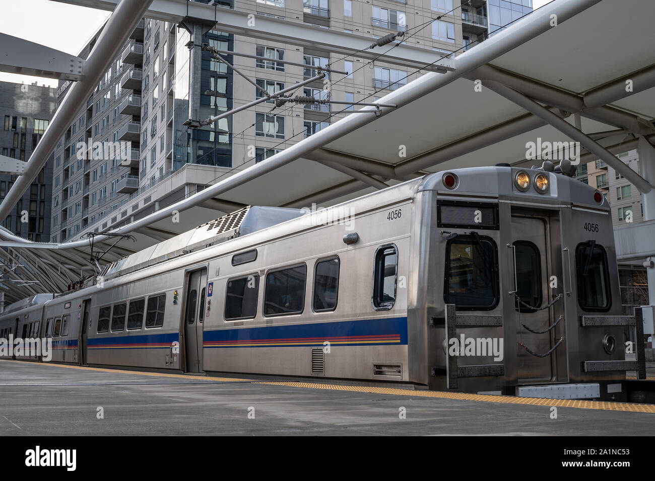 Metro Denver's Regional Transportation District (RTD) test train at Union Station. Denver's G-line to Arvada has been finished for almost 3  years is Stock Photo