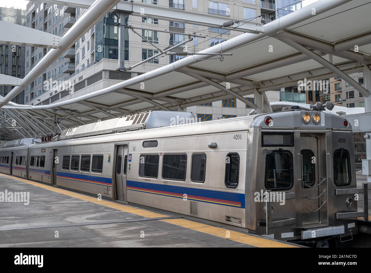 Metro Denver's Regional Transportation District (RTD) test train at Union Station. Denver's G-line to Arvada has been finished for almost 3  years is Stock Photo