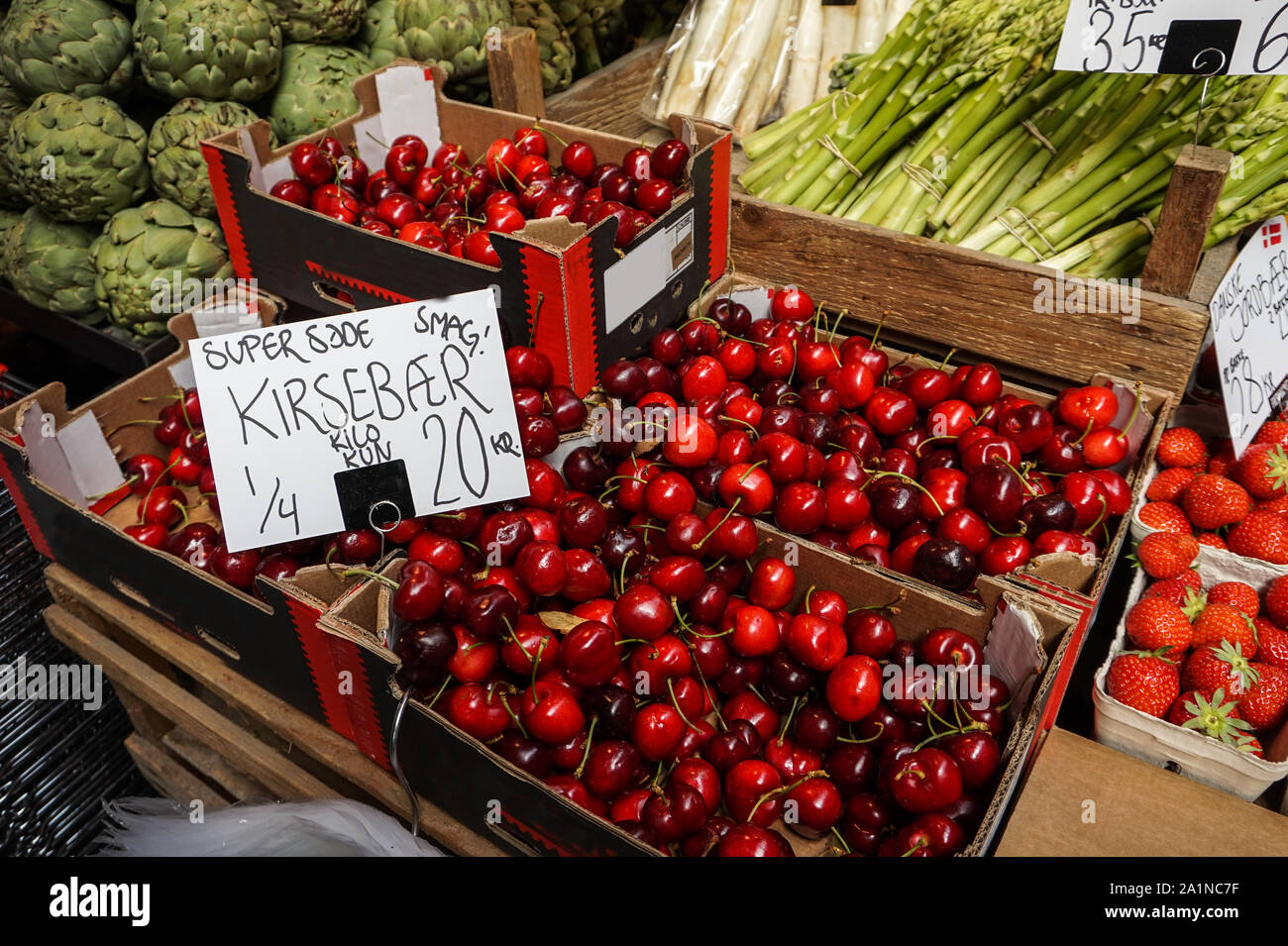 View of a cherries baskets in a typical Copenhagen's market. Stock Photo