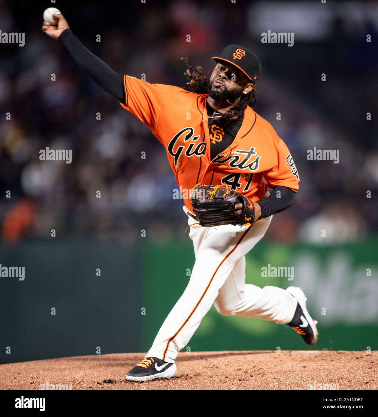 San Francisco, California, USA. 27th Sep, 2019. In his second start after Tommy John surgery, San Francisco Giants starting pitcher Johnny Cueto (47) throws in the first inning, during a MLB game between the Los Angeles Dodgers and the San Francisco Giants at Oracle Park in San Francisco, California. Valerie Shoaps/CSM/Alamy Live News Stock Photo