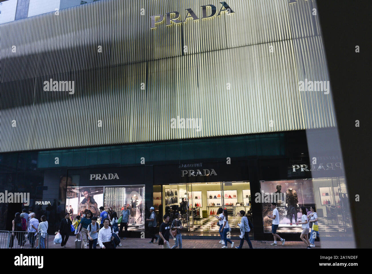 STRICTLY NO SALES TO FRENCH MEDIA OR PUBLISHERS *** September 27, 2019 - Hong  Kong, China: People walk by the Prada flagship store in Russell Street in Hong  Kong. The Italian