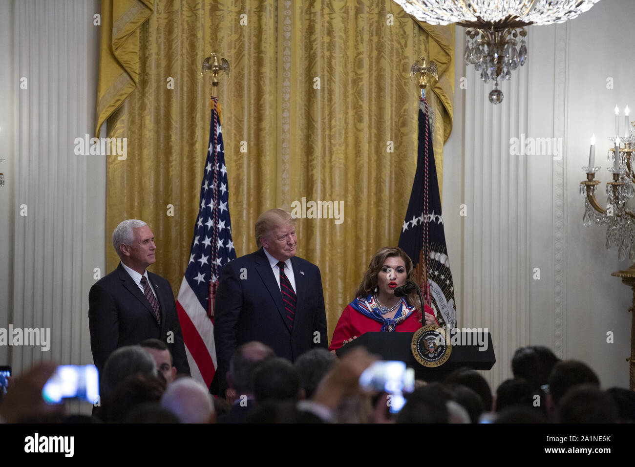 Washington, District of Columbia, USA. 27th Sep, 2019. Maria Rios, President and CEO of Nation Waste, Inc., speaks during the Hispanic Heritage Month reception at the White House in Washington, DC, U.S. on September 27, 2019. Credit: Stefani Reynolds/CNP/ZUMA Wire/Alamy Live News Stock Photo