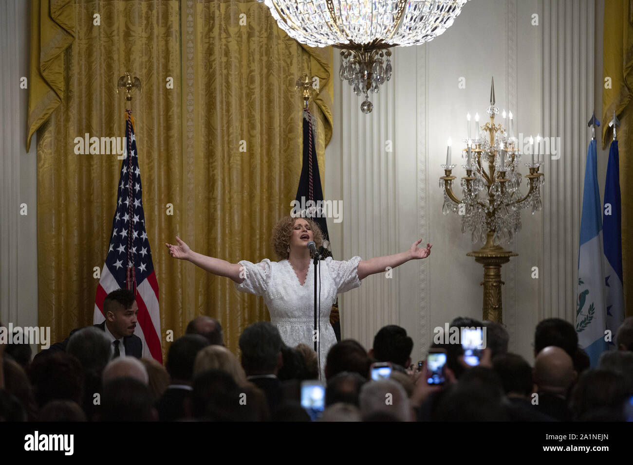 Washington, District of Columbia, USA. 27th Sep, 2019. Christine D'Clario sings during the Hispanic Heritage Month reception at the White House in Washington, DC, U.S. on September 27, 2019. Credit: Stefani Reynolds/CNP/ZUMA Wire/Alamy Live News Stock Photo