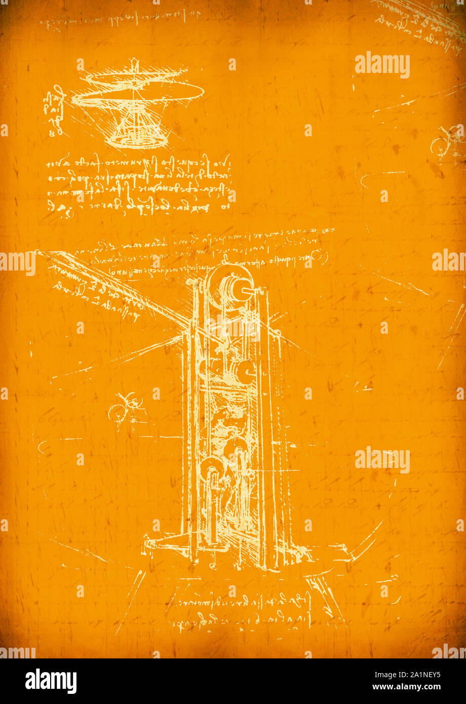 Leonardo's Da Vinci engineering drawing from 1503 on textured
