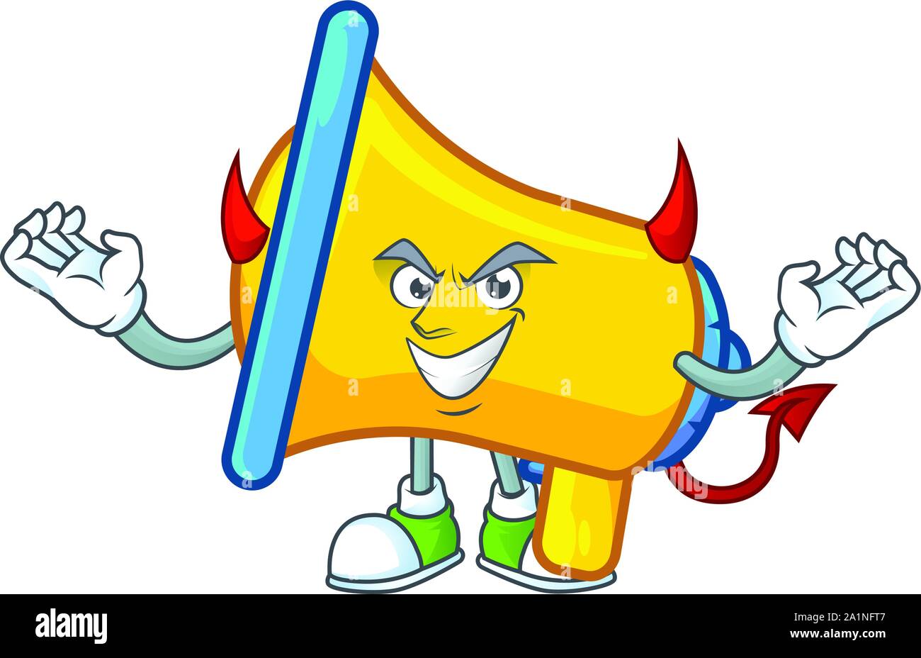 Devil yellow loudspeaker mascot on white background Stock Vector