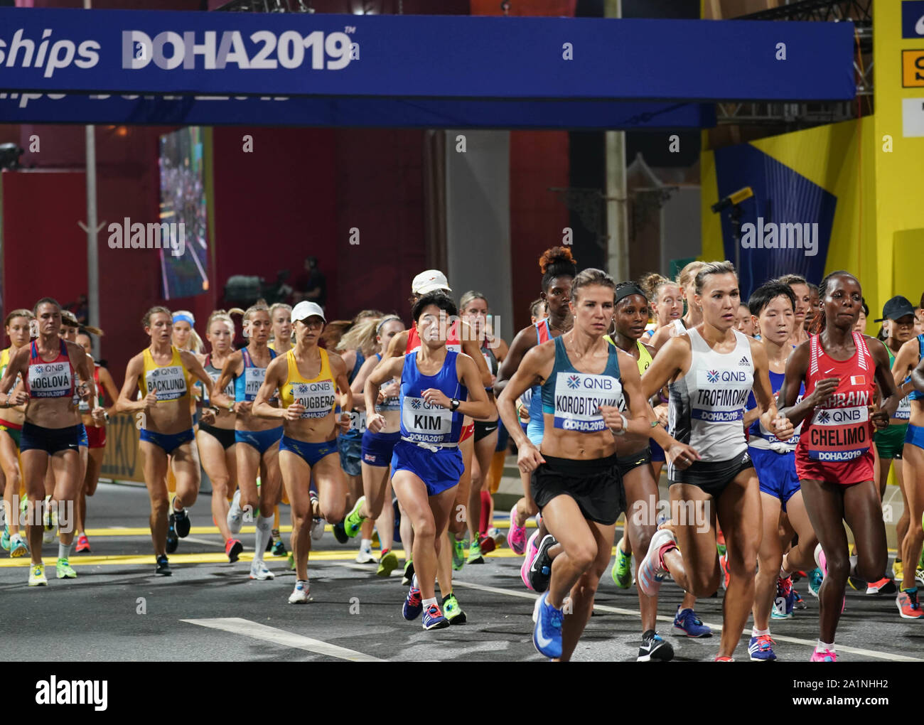 Doha, Qatar. 28th Sep, 2019. Atheletes compete during the women's marathon final at the 2019 IAAF World Athletics Championships in Doha, Qatar, Sept. 28, 2019. Credit: Xu Suhui/Xinhua/Alamy Live News Stock Photo