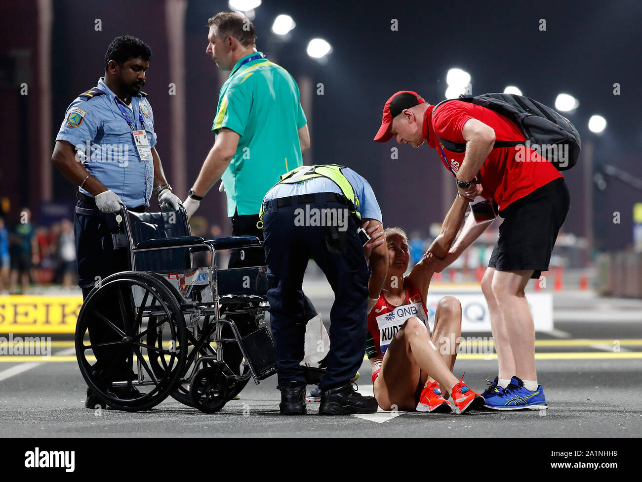 Doha, Qatar. 28th Sep, 2019. Medical workforce help Sviatlana Kudzelich