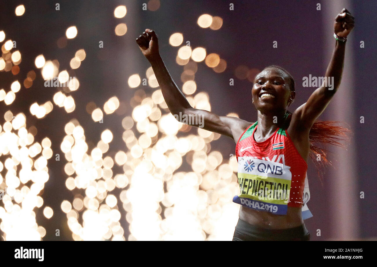 Doha, Qatar. 28th Sep, 2019. Ruth Chepngetich Of Kenya Celebrates After ...