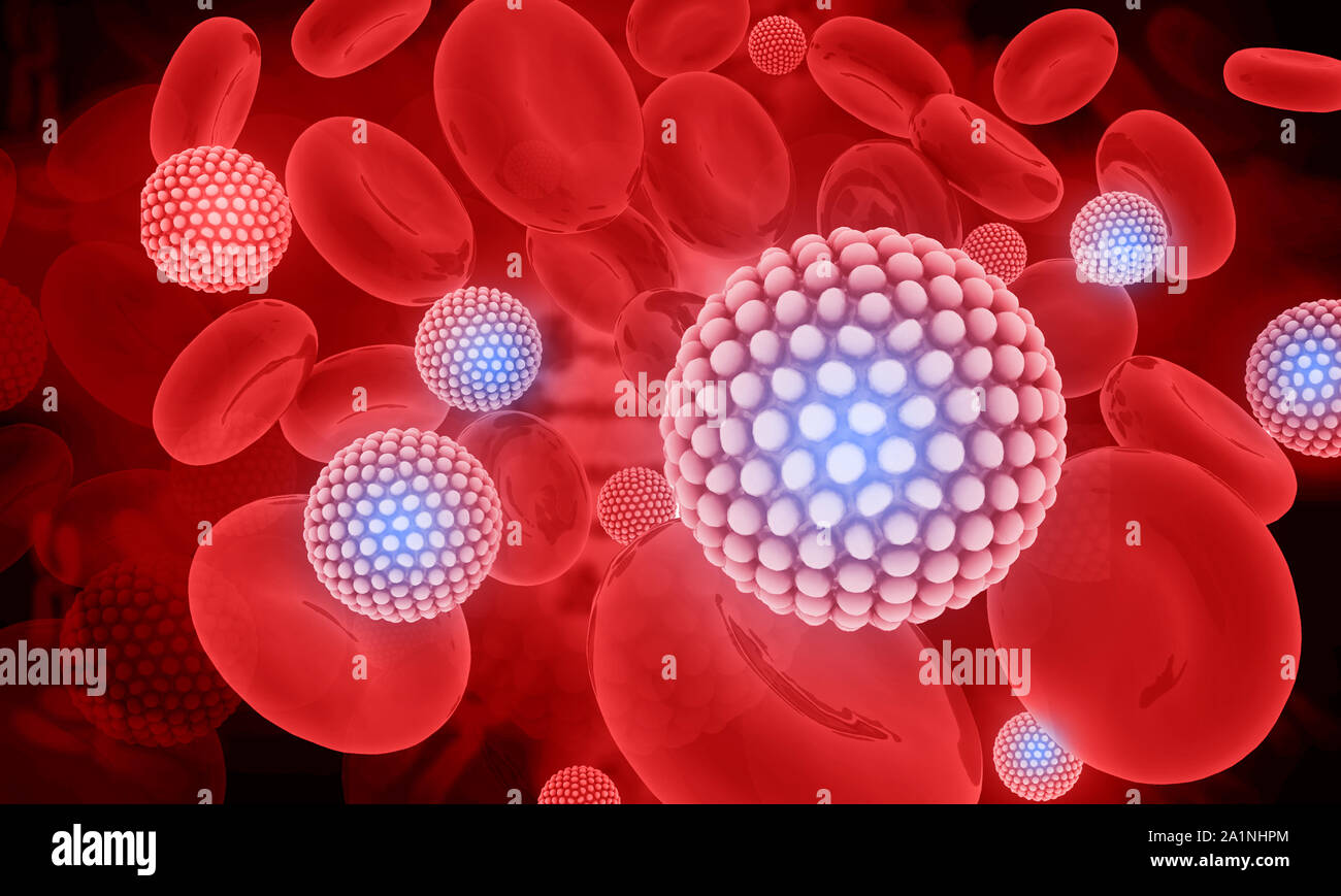 Virus with blood cells on Science background. 3d illustration Stock Photo