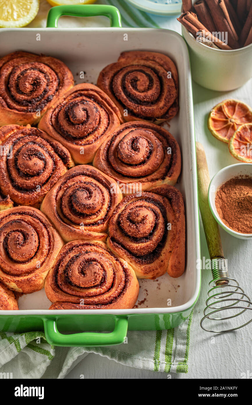 Traditionally cinnamon buns as swedish classic dessert Stock Photo