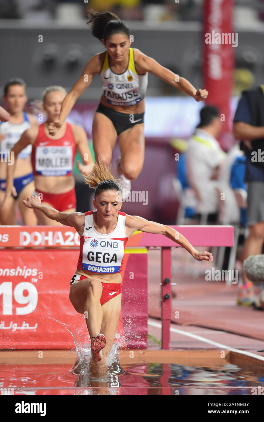 Luiza Gega (Albania), Gesa Felicitas Krause (Germany). 3000 Metres Steeplechase Women, heats. IAAF World Athletics Championships, Doha 2019 Stock Photo