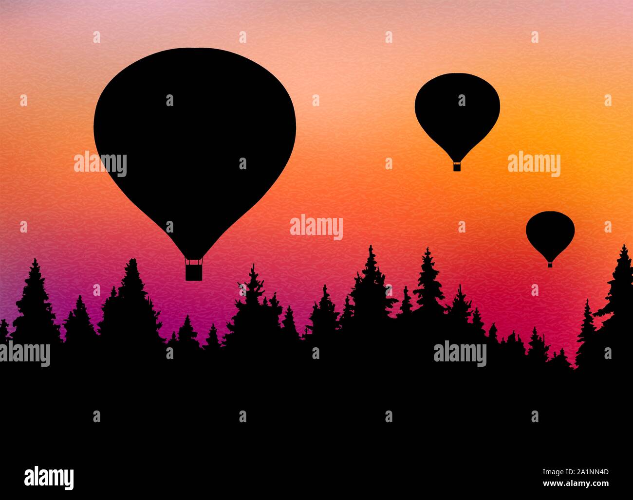 Vector illustration of landscape with forest, flying hot air balloons ...