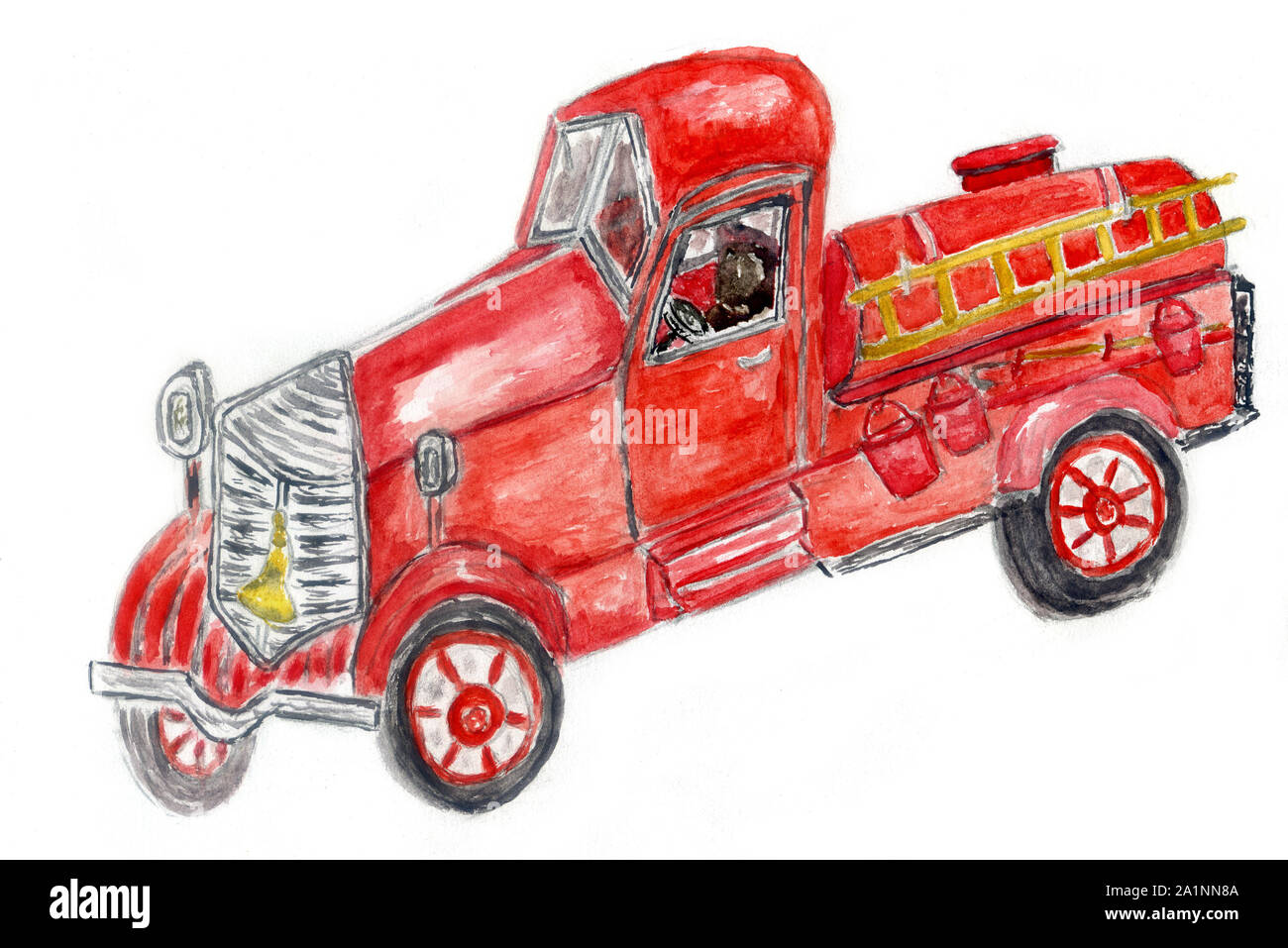 Hand Drawn Red Fire Engine Fire Truck Illustration Painted In