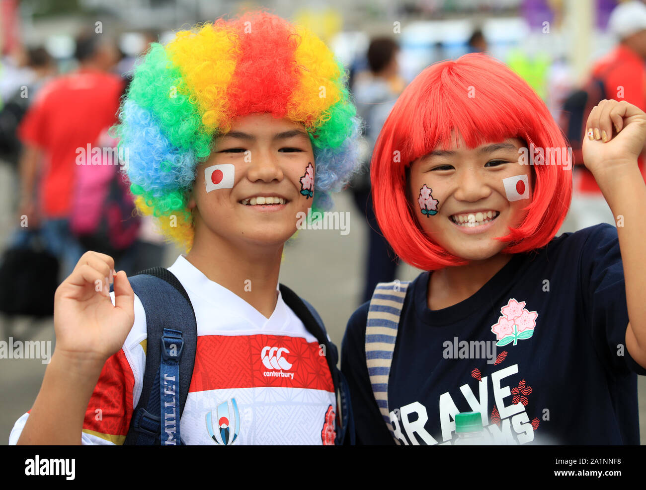 Fans make their way to the stadium before the 2019 Rugby World Cup match at the Shizoka Stadium Ecopa, Shizouka Prefecture, Japan. Stock Photo