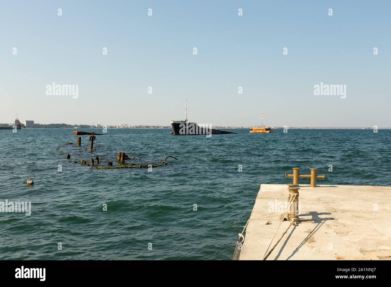 Submerged off the coast of Feodosia, near the Old city, the Turkish cargo ship Berg, which crashed near Cape Chauda on the night of February , 2018 Stock Photo