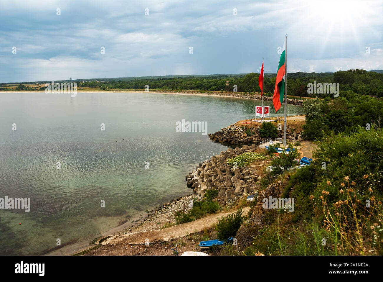 Turkish and Bulgarian flag on the border of Bulgaria and Europe in Rezovo Stock Photo