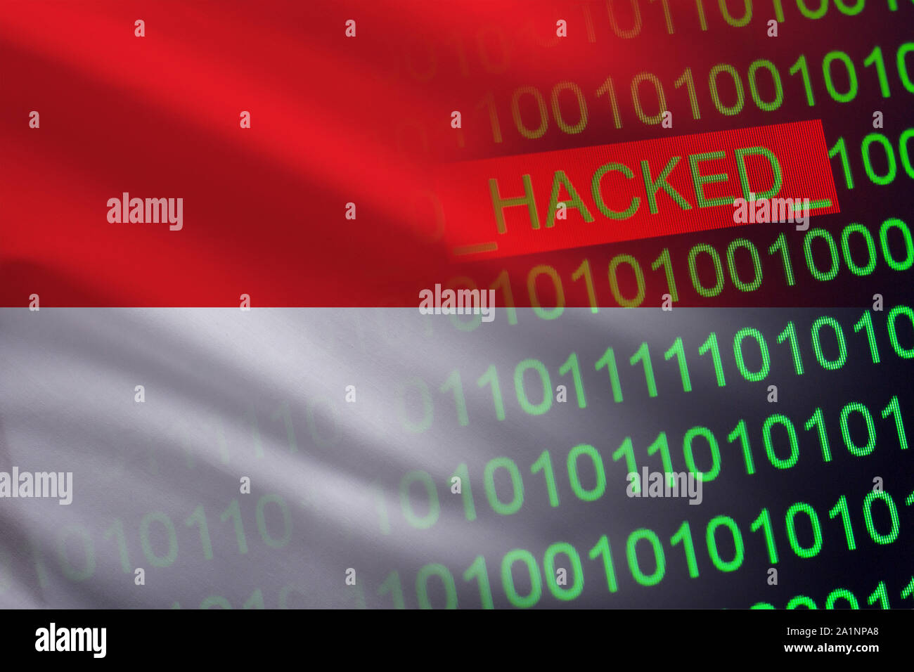 Indonesia hacked state security. Cyberattack on the financial and banking structure. Theft of secret information. On a background of a flag the binary code. Stock Photo