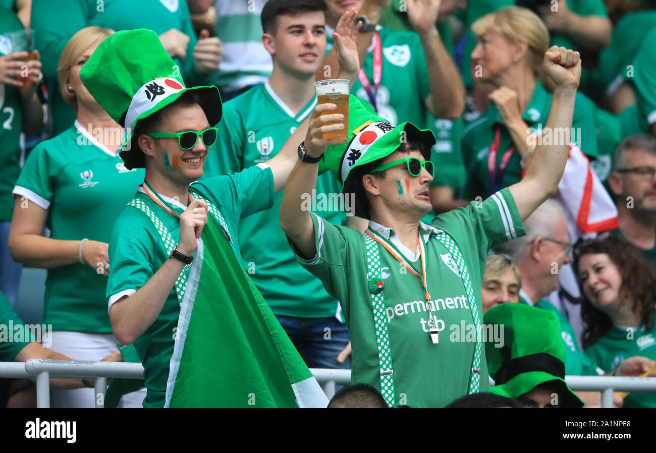 Ireland fans during the 2019 Rugby World Cup match at the Shizoka Stadium Ecopa, Shizouka Prefecture, Japan. Stock Photo