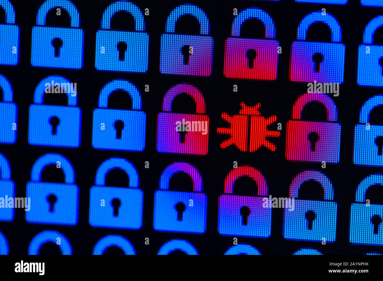 Bug As A Symbol Of Malware And A Trojan Virus In The Program Code Hacking And Theft Of Personal Information And Data Blue Pixel Locks And Red Bug On A Black Background