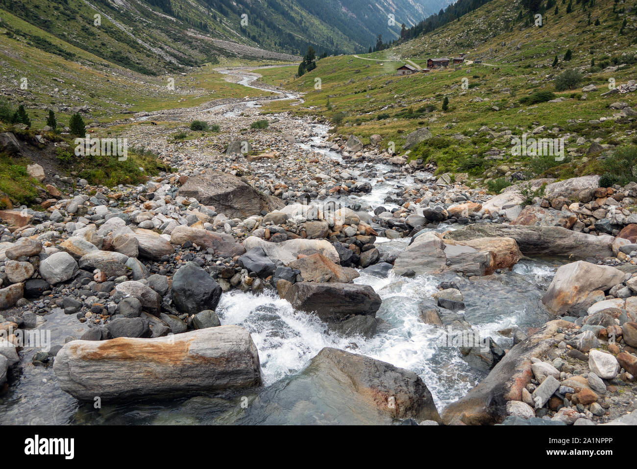 Alpine torrent. Krimmler Achental valley. Hohe Tauern National Park. Austrian Alps. Europe. Stock Photo