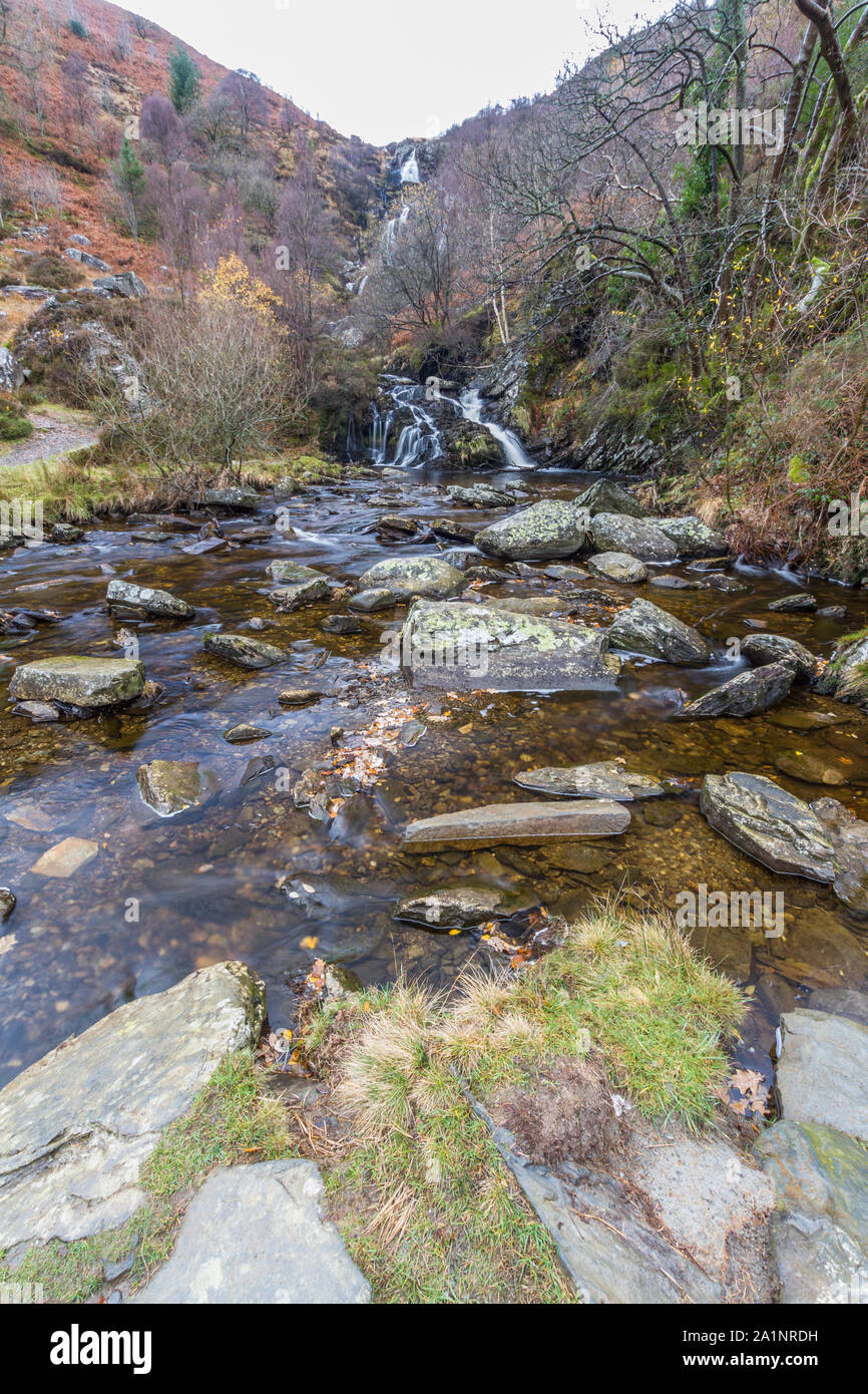 River Eiddew with Rhiwargor waterfall in the distance. Lake Vyrynwy, Powys, Wales UK, portrait Stock Photo
